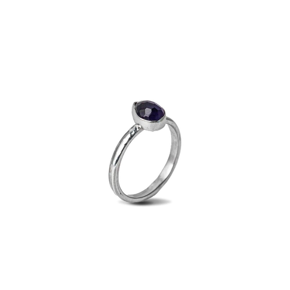 Amethyst Pear shaped Gemstone Sterling Silver Ring, side profile on a white background 