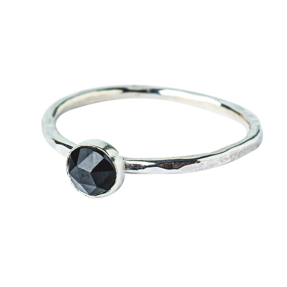 Black Spinel Sterling Silver Hammered Ring Front View on a white background 