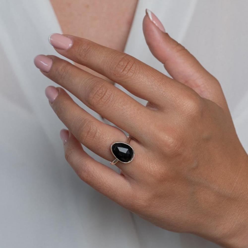 Sterling Silver Black Spinel Statement Ring worn on model's left hand.