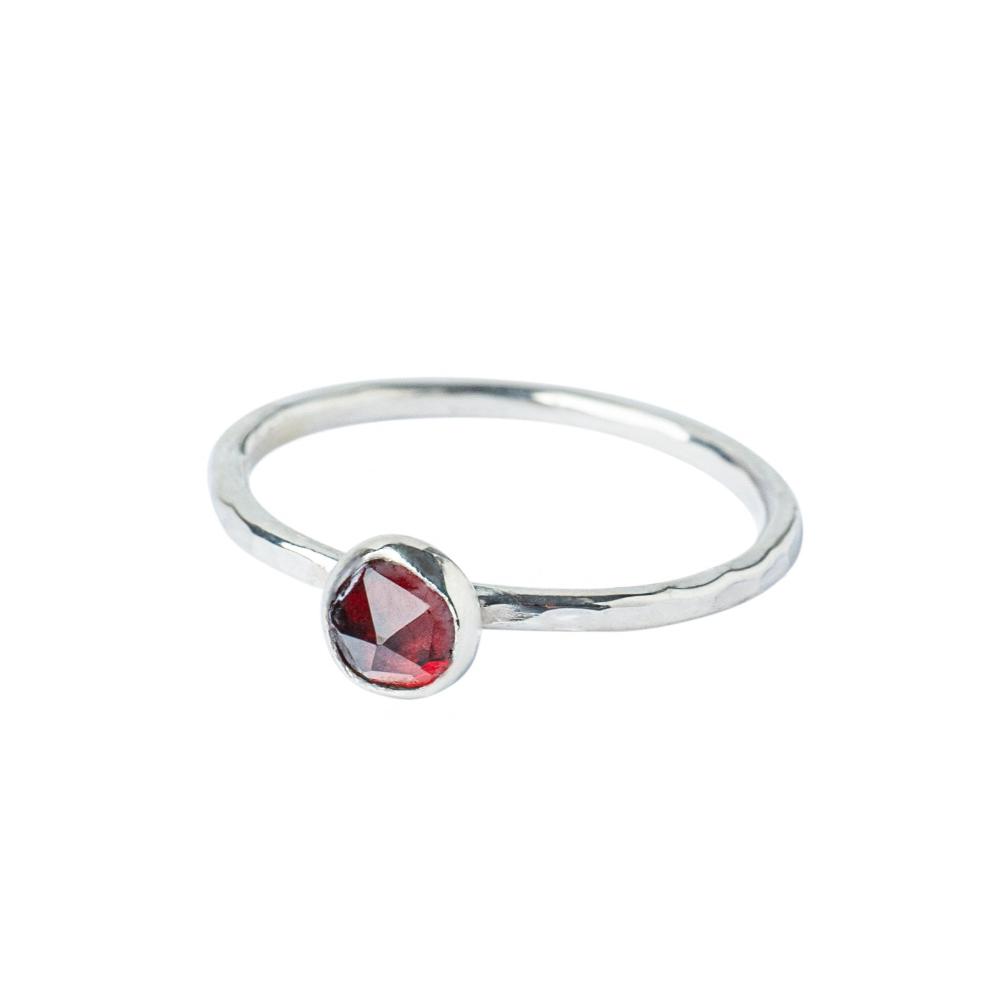 Garnet Sterling Silver Hammered Stacking Ring front view on a white background