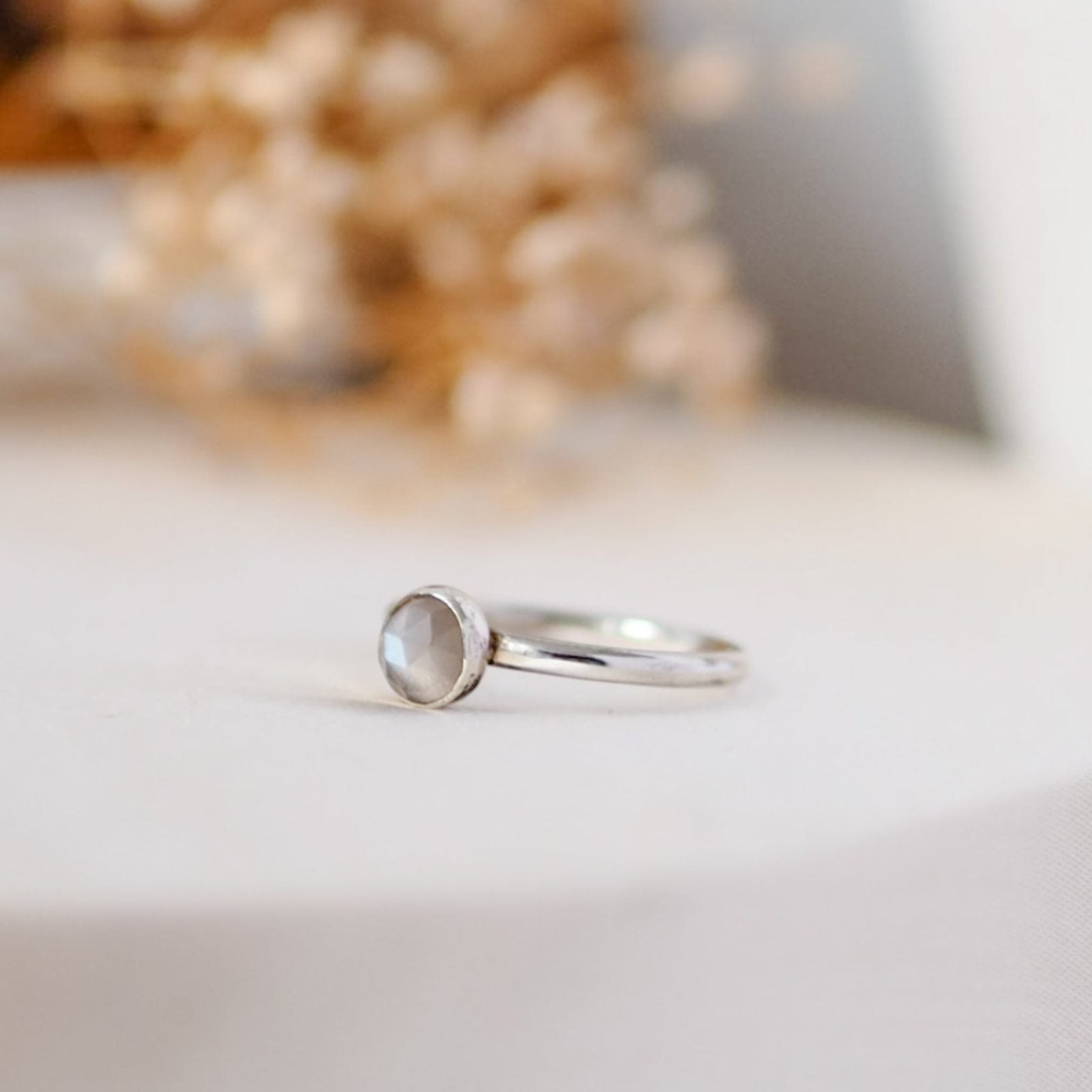 Grey Moonstone Rosecut Gemstone Sterling Silver Ring Lunar Moth Jewellery