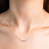 Sterling Silver Necklace with a Infinity Style pendent. Worn on a model with side profile.