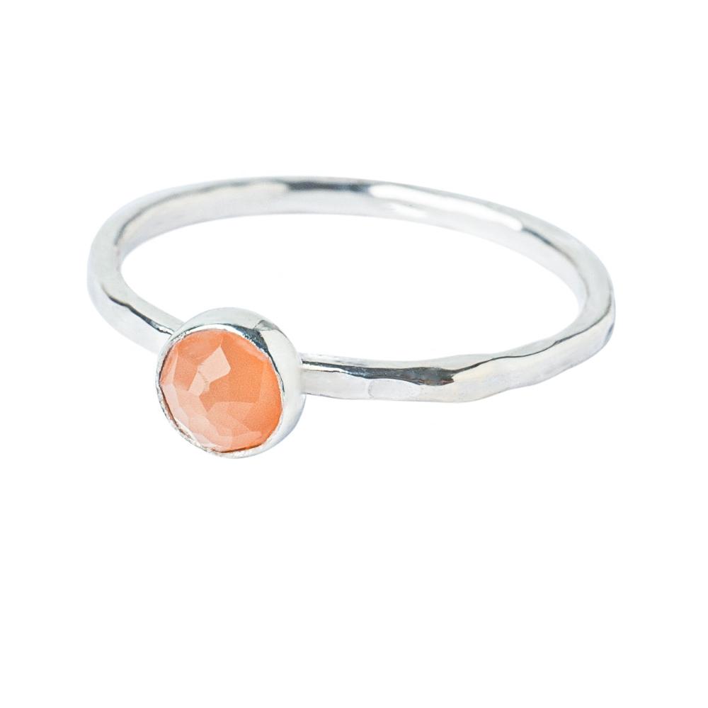 Peach Moonstone Sterling Silver Hammered Stacking Ring front view on a White Background 