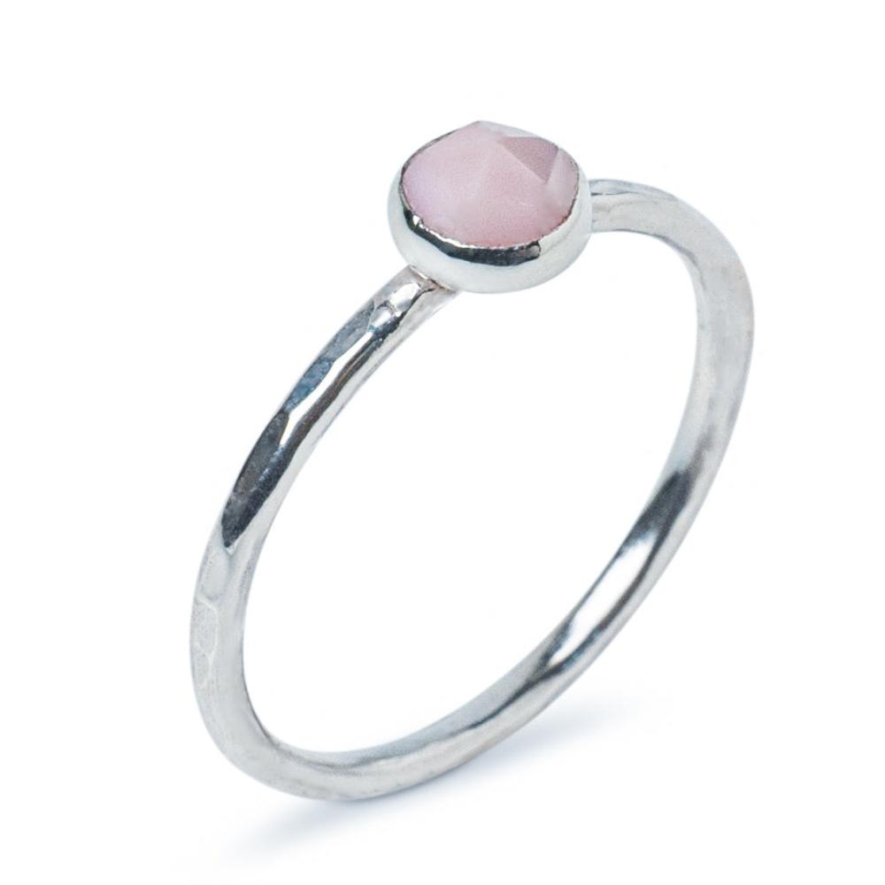 Pink Opal Sterling Silver Hammered Stacking Ring side view on a White Background 