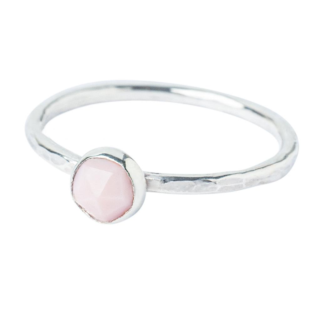 Pink Opal Sterling Silver Hammered Stacking Ring front view displayed on a white background 