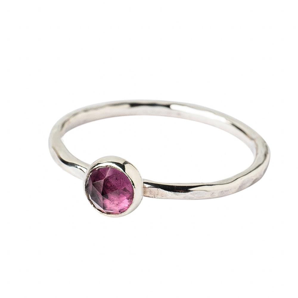 Rhodolite Garnet Sterling Silver Hammered Stacking Ring front view on a white background 