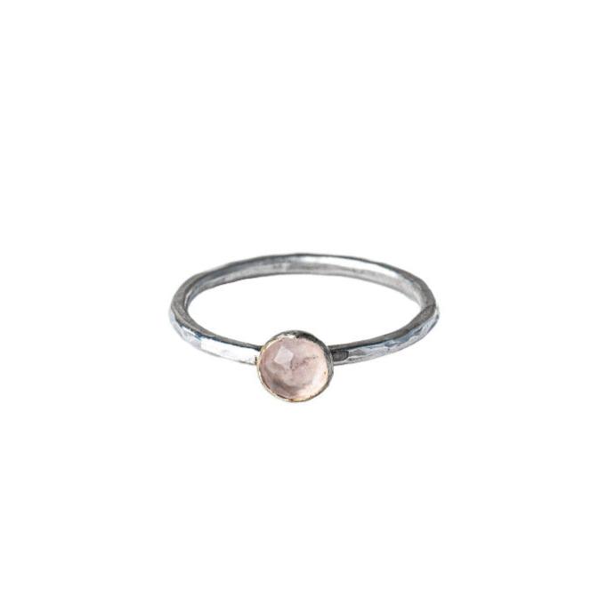 Rose Quartz Sterling Silver Hammered Stacking Ring front view on a white background. 