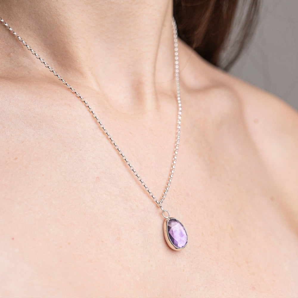 Amethyst Gemstone Pendent Sterling Silver Necklace worn on model