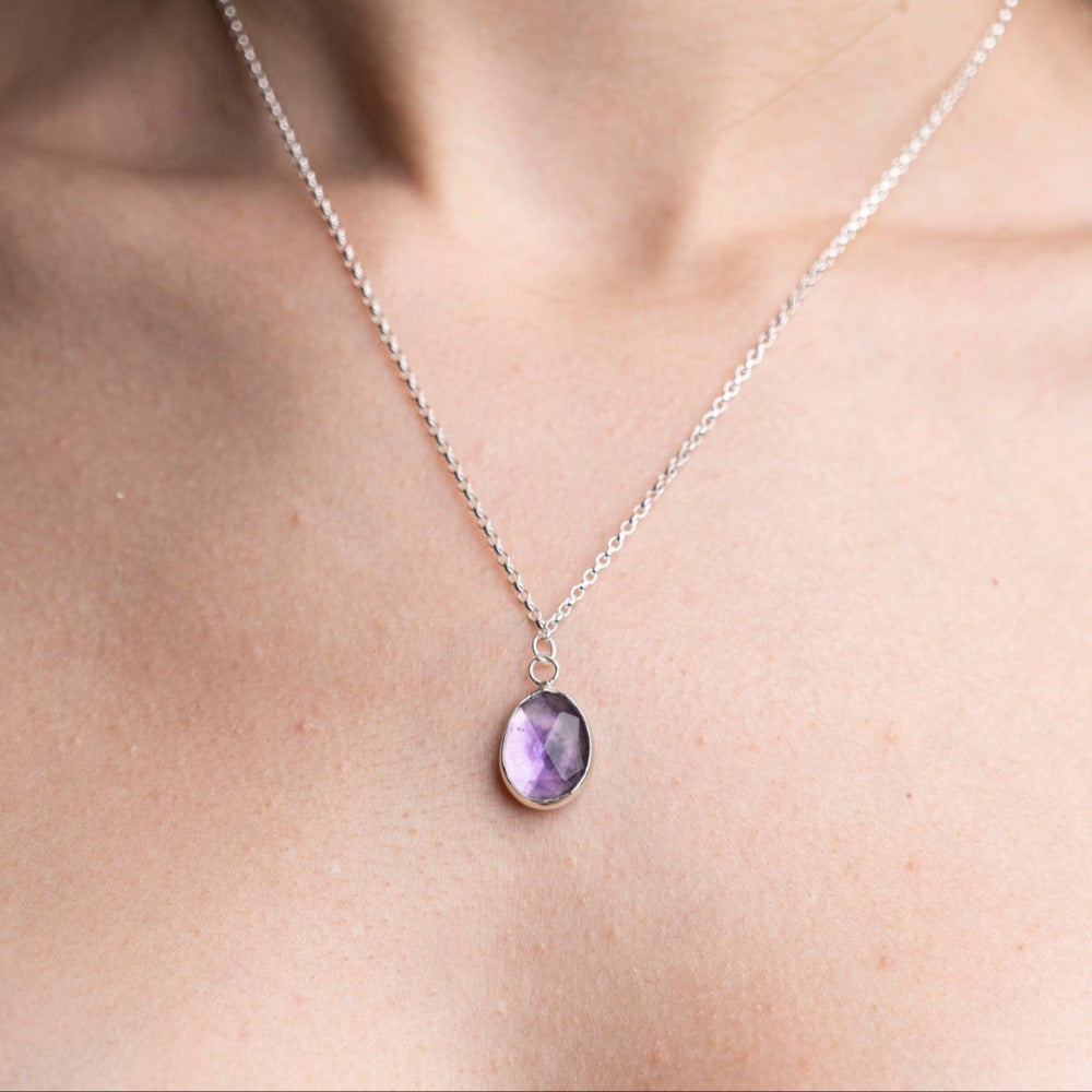 Amethyst Gemstone Pendent Sterling Silver Necklace worn on model 