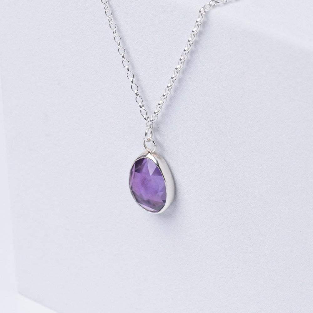 Amethyst Gemstone Pendent Sterling Silver Necklace displayed on whitebox 