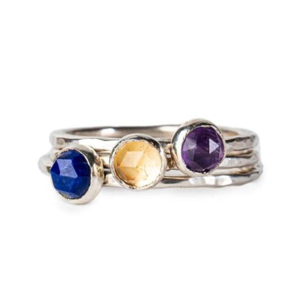 A Sterling Silver Stacking Rings Set made up with Lapis, Citrine and Amethyst gemstones.