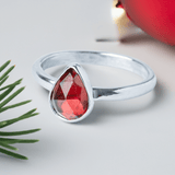 Christmas Glow: Garnet Pear Sterling Silver Ring