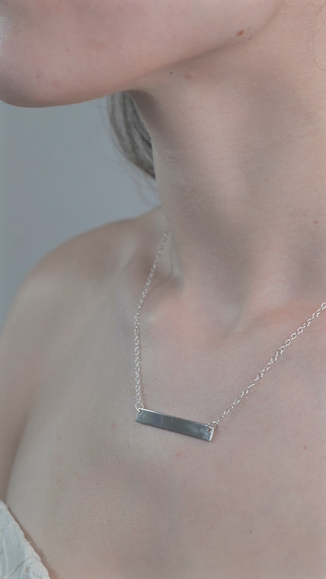 Sterling Silver Bar Pendent Necklace worn by model 