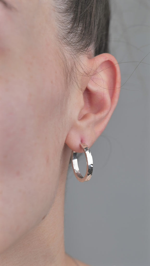 Sterling Silver Hoops with Hammered Texture worn by model.