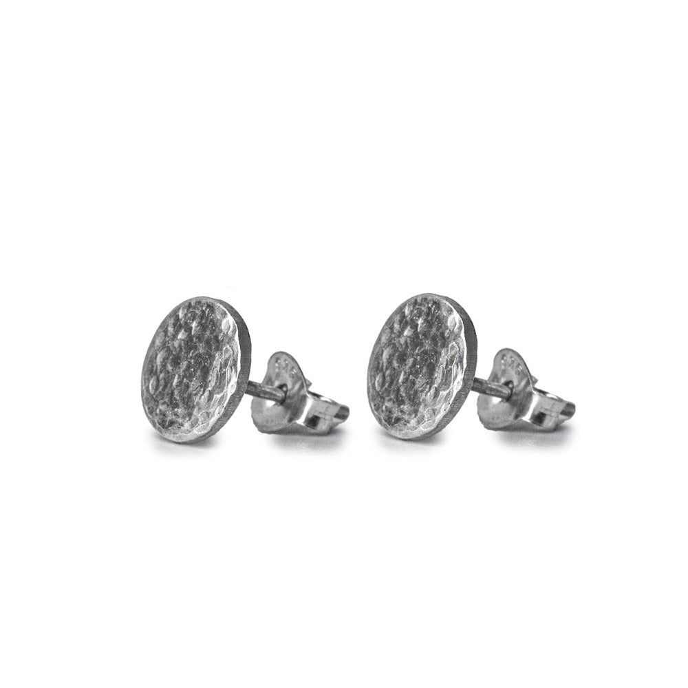 Round Hammered Sterling Silver Earrings on a white background 