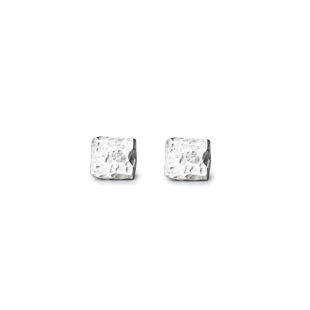 Handmade Square Hammered Sterling Silver Earrings on White Background