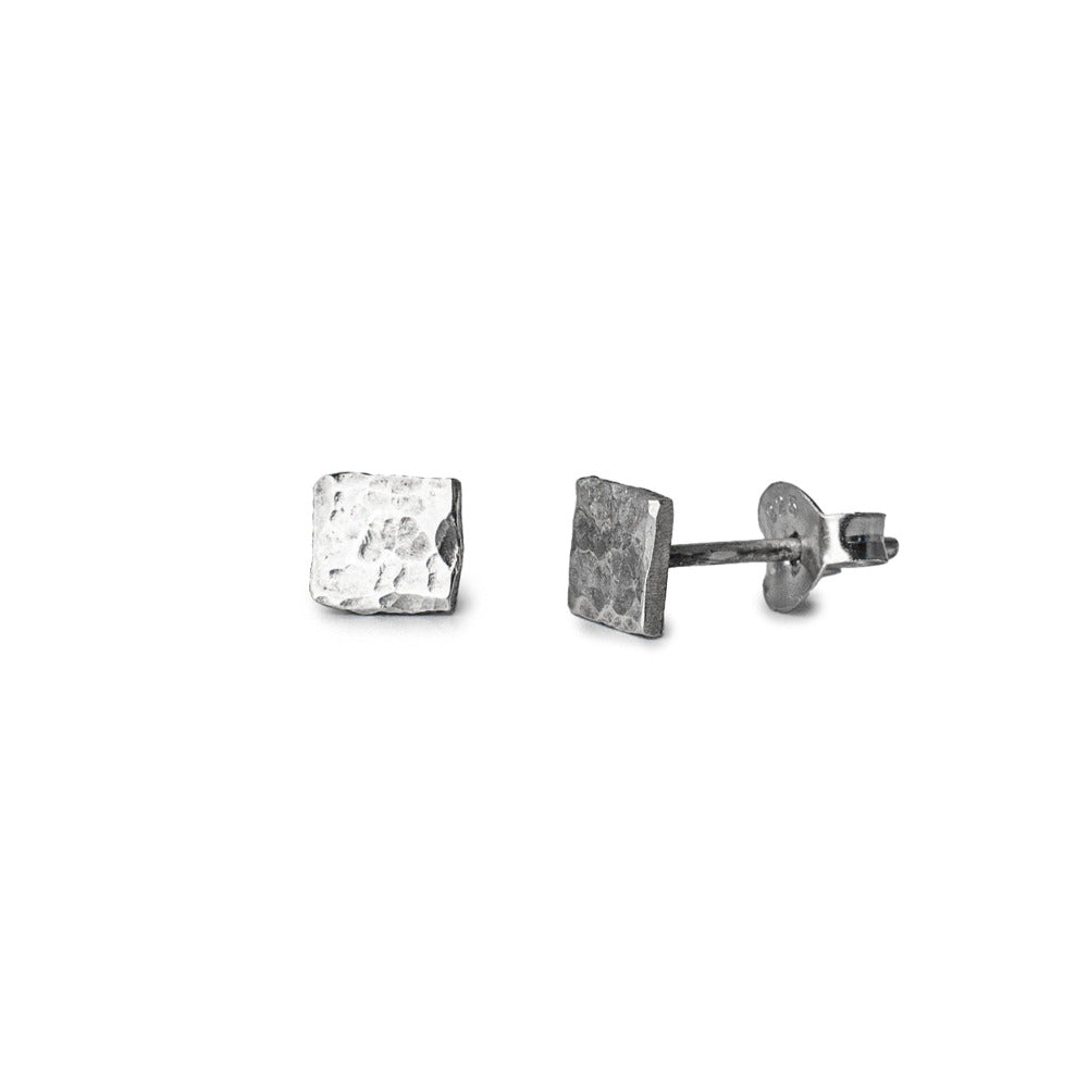 Handmade Square Hammered Sterling Silver Earrings on White Background 