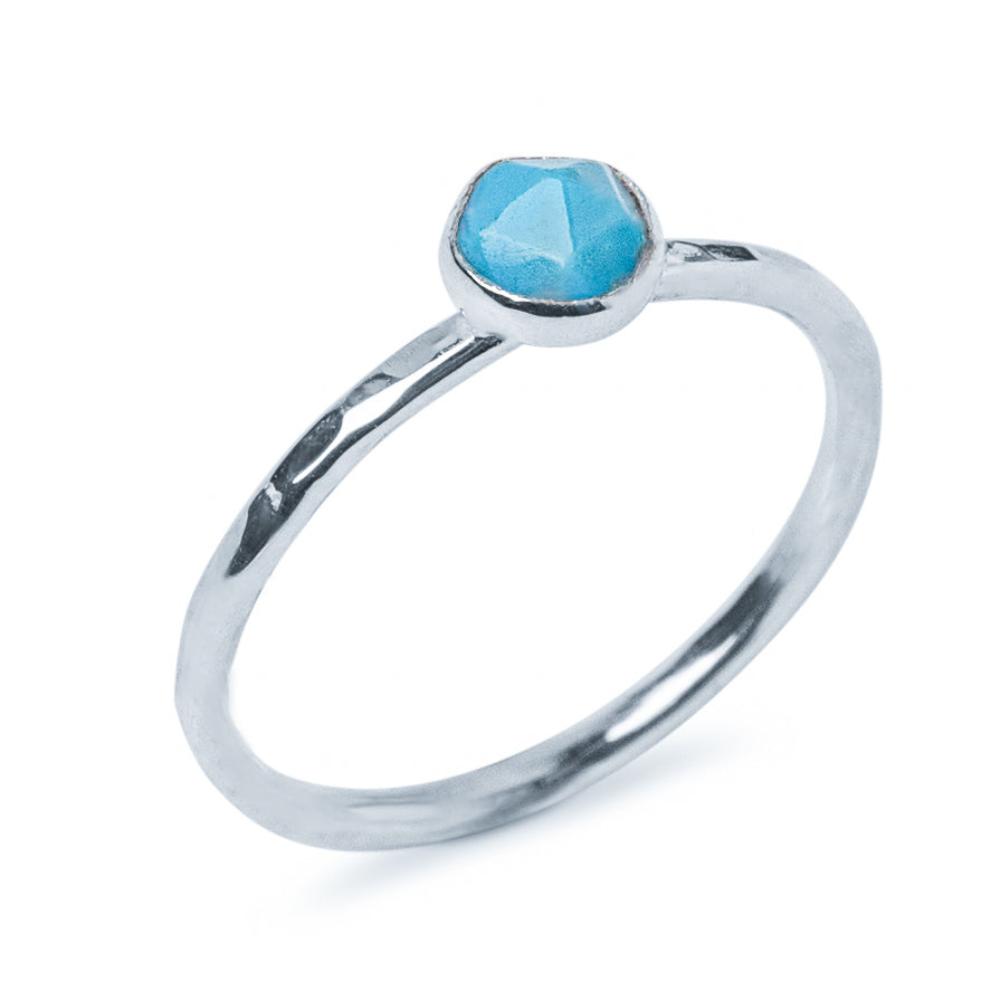 Turquoise gemstone Sterling Silver Stacking Ring with Hammered Textured band.  Shown on white background